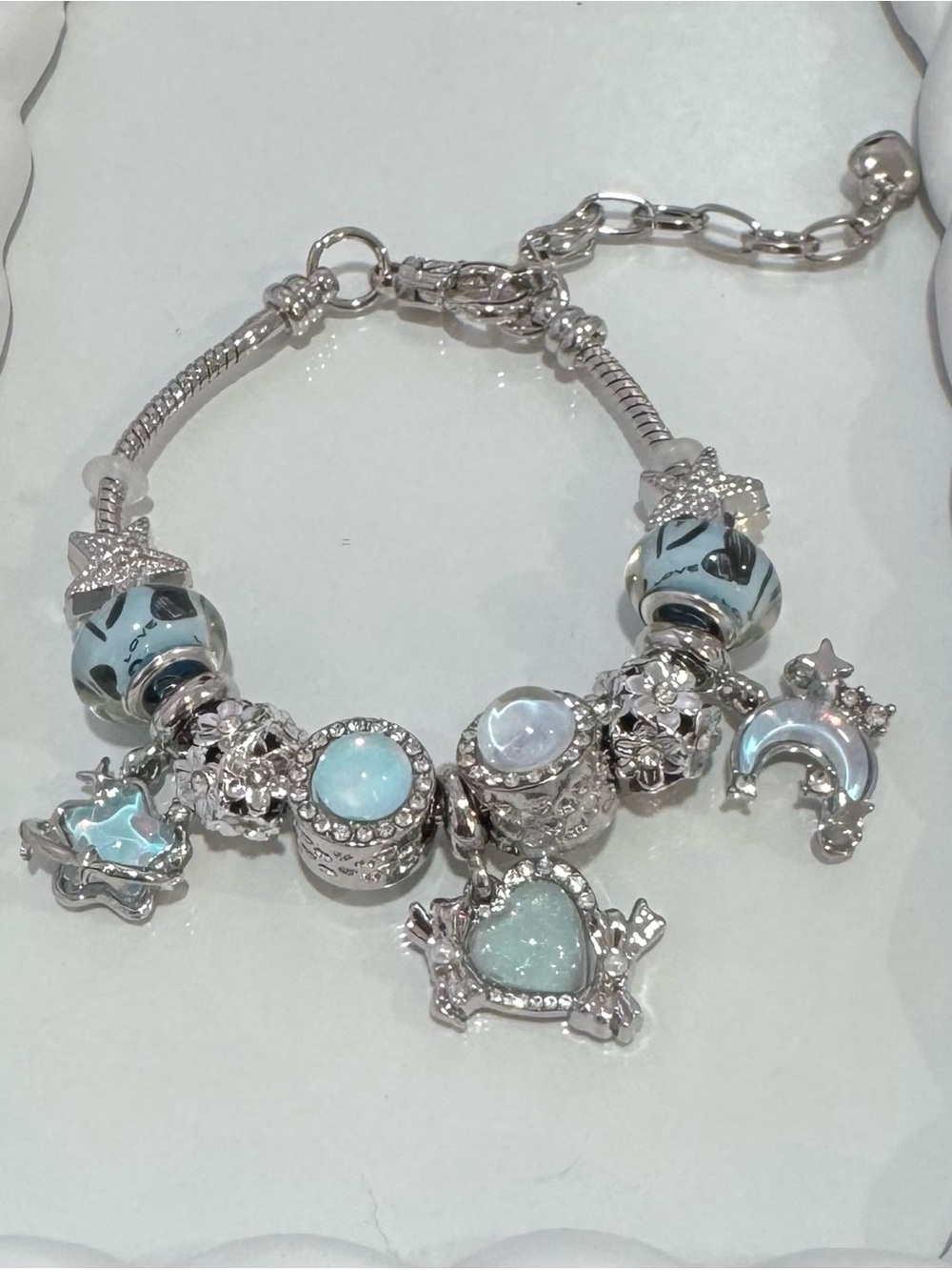 New Silver Charm Bracelet with Light Blue Opal Beads and Moon & Star Accents